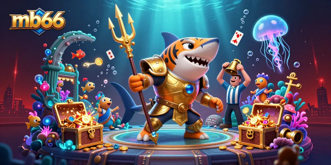 Engage with exciting mb66 casino action featuring a golden shark warrior and vibrant underwater elements.