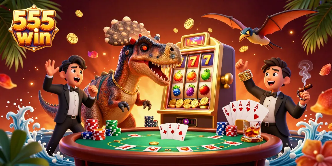 Spin and win big at 555 win with a thrilling jackpot scene featuring cartoon dinosaurs and casino elements.
