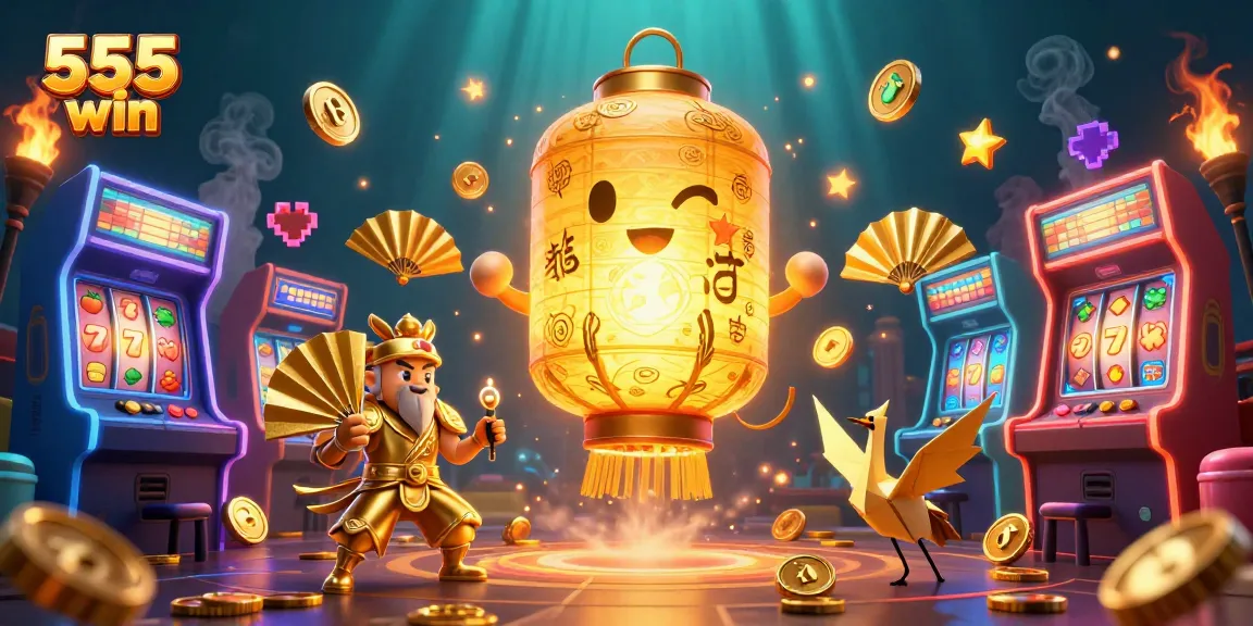 Join the thrilling 555 win experience with golden lanterns and arcade machines!