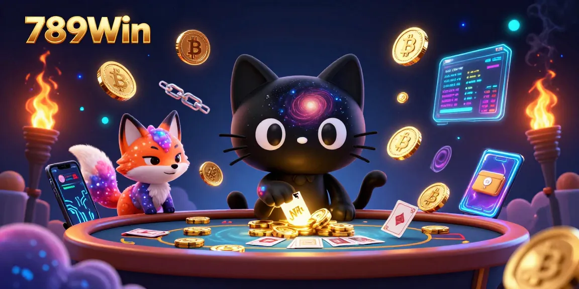 Experience the excitement of 789Win as a black hole cat draws in chips and cards at a cosmic casino.