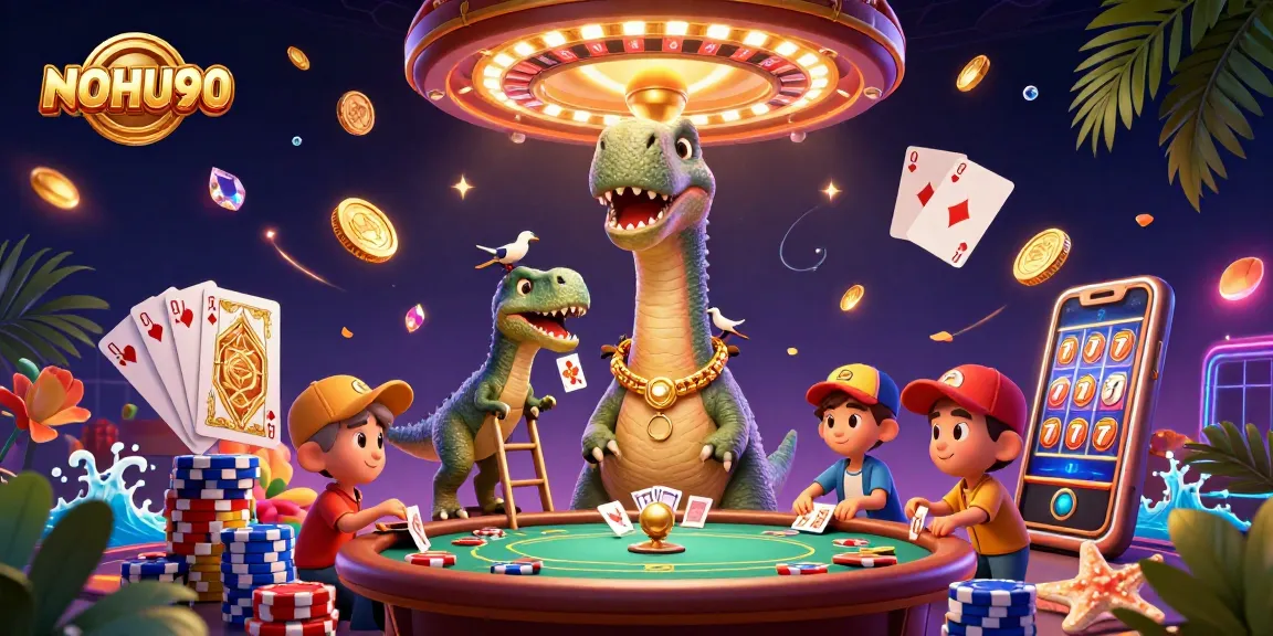 Engage in thrilling casino fun at NOHU90 while playing cards under a towering dinosaur!