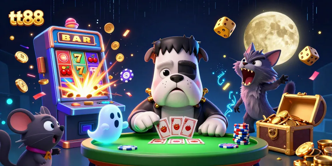Experience thrilling tt88 moments with a 3D cartoon dog dealing cards at a vibrant casino scene.