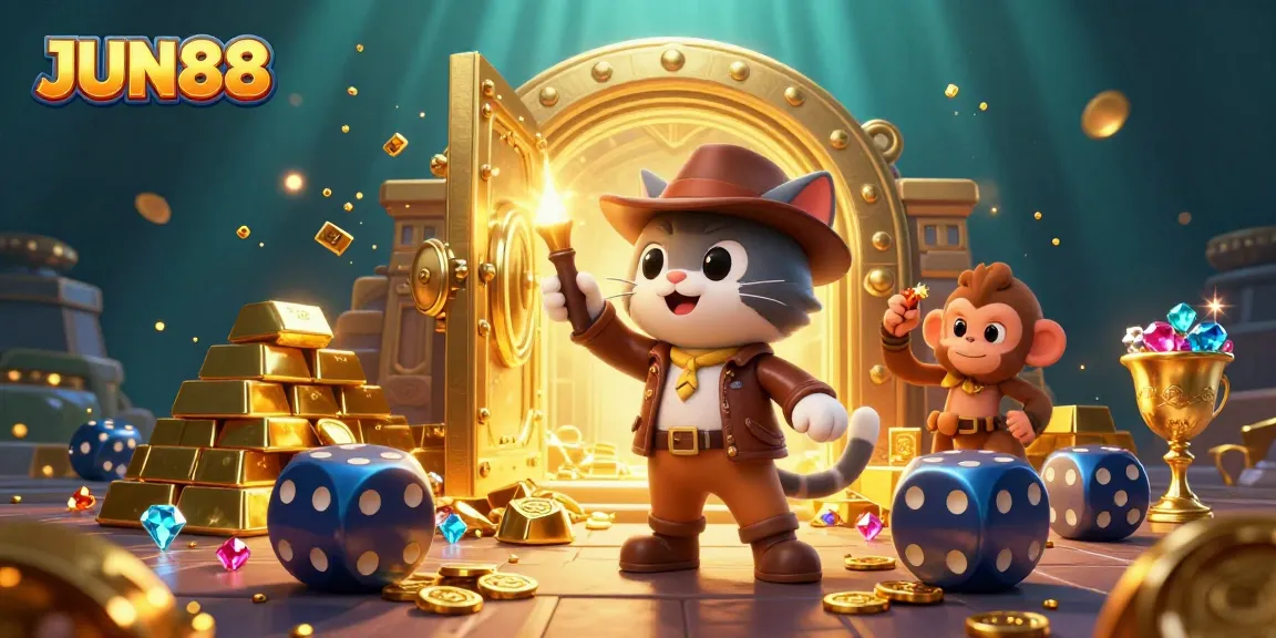 Experience the thrill of JUN88 as an explorer cat uncovers riches in a vibrant casino treasure scene.