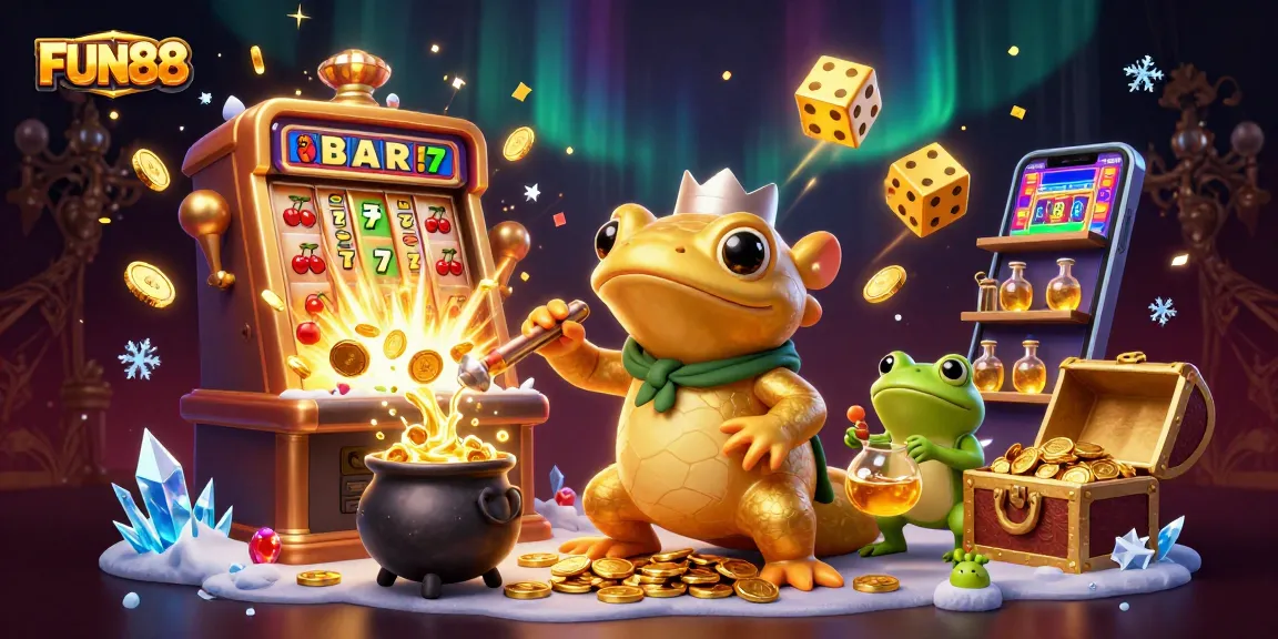 Experience the excitement of FUN88 as the giant golden salamander alchemist transforms metals into coins amidst a vibrant casino scene.