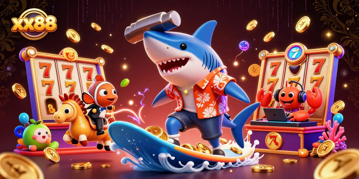 Experience exhilarating gameplay at xx88 with vibrant 3D sharks and casino elements.
