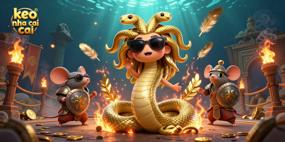 Betting with keo nha cai on a vibrant 3D casino scene featuring Medusa and a warrior mouse.