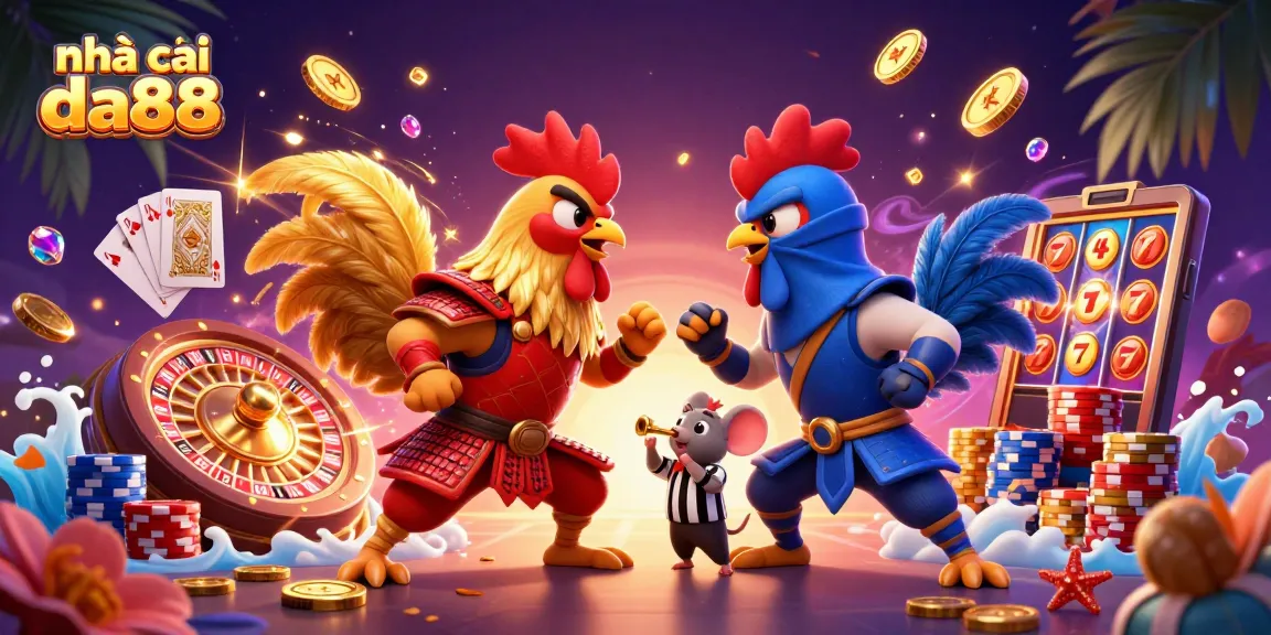 Experience the excitement of nhà cái da88 with animated roosters amid dynamic casino elements.
