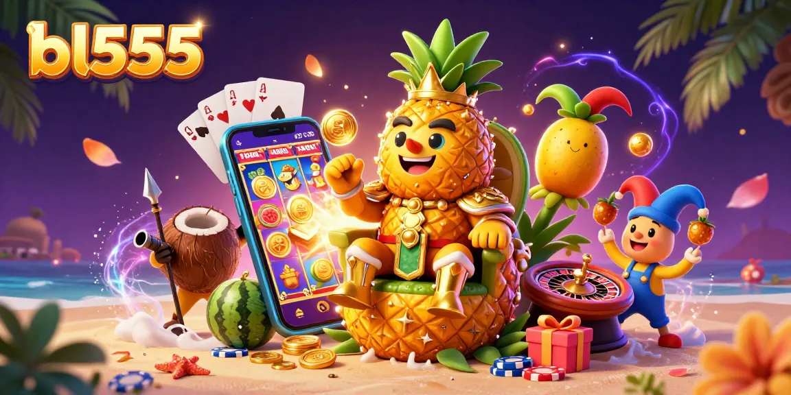 Engage with thrilling games at bl555, featuring the golden pineapple king amidst vibrant casino elements.