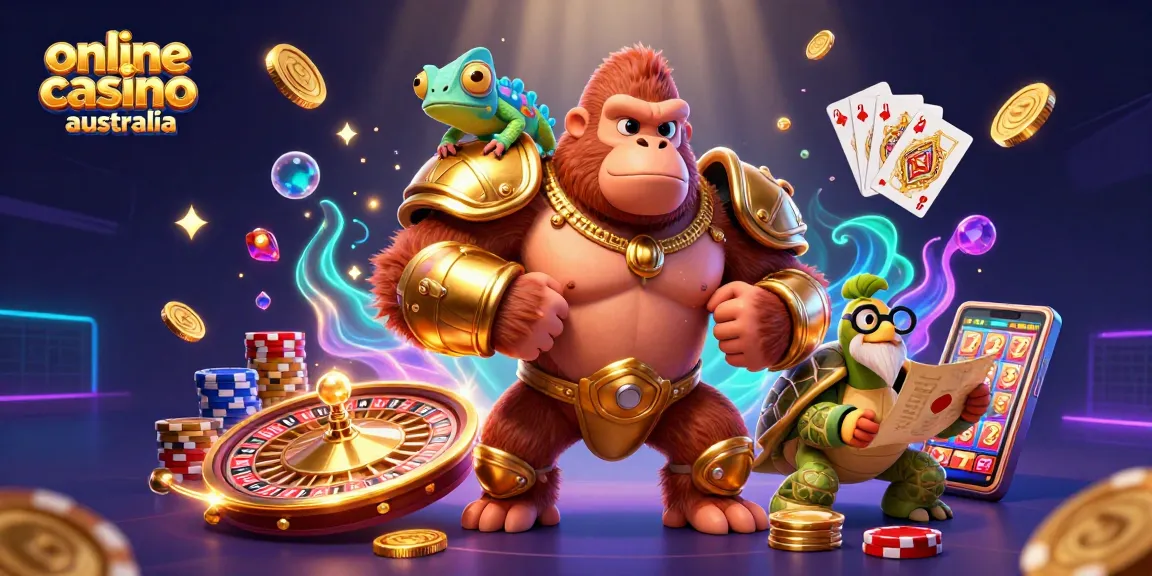 Engage with online casino australia featuring a powerful gorilla, chameleon, and tortoise amidst vibrant casino elements.