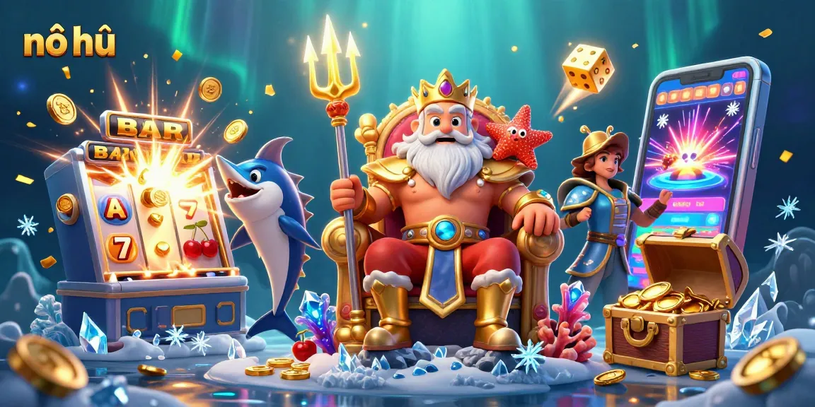 Experience nổ hũ with a vibrant casino scene, featuring a 3D Neptune and explosive slot elements.