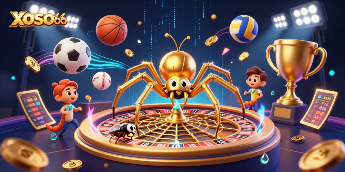 XOSO66 showcases a 3D golden spider spinning a roulette web as a fly nervously bets in this dynamic casino illustration.