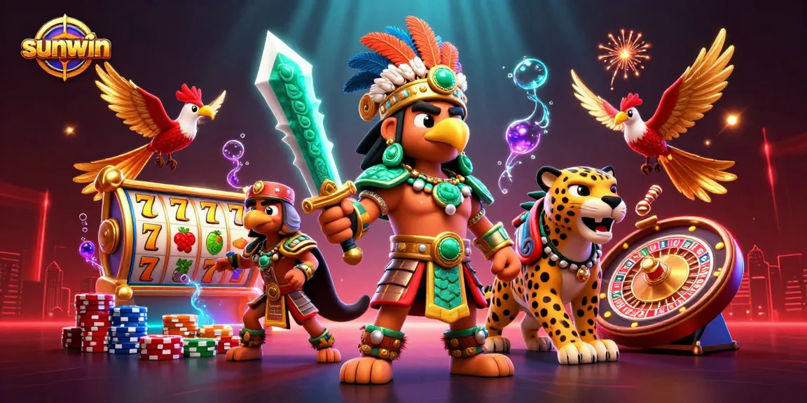 Engage in thrilling gaming with sunwin featuring Aztec warriors, spinning slot reels, and poker chips in a vibrant scene.