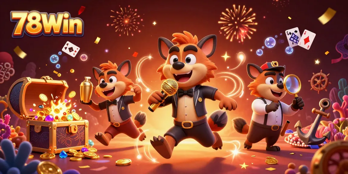 Experience the thrill of winning with 78Win at an exciting casino scene filled with colorful characters and vibrant elements.