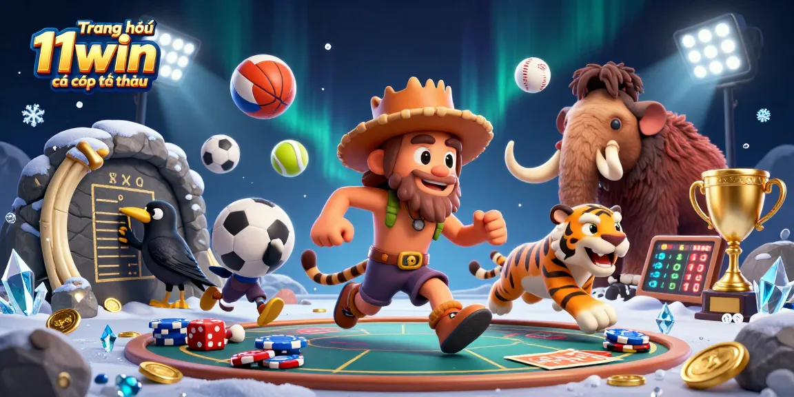 Action-packed scene of Trang chủ 11win cá cược thể thao depicting a prehistoric casino with characters and sports elements.